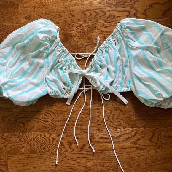 For Love & Lemons Women's Blue and White Blouse Crop Top Linen Tie Open Back - Picture 2 of 3